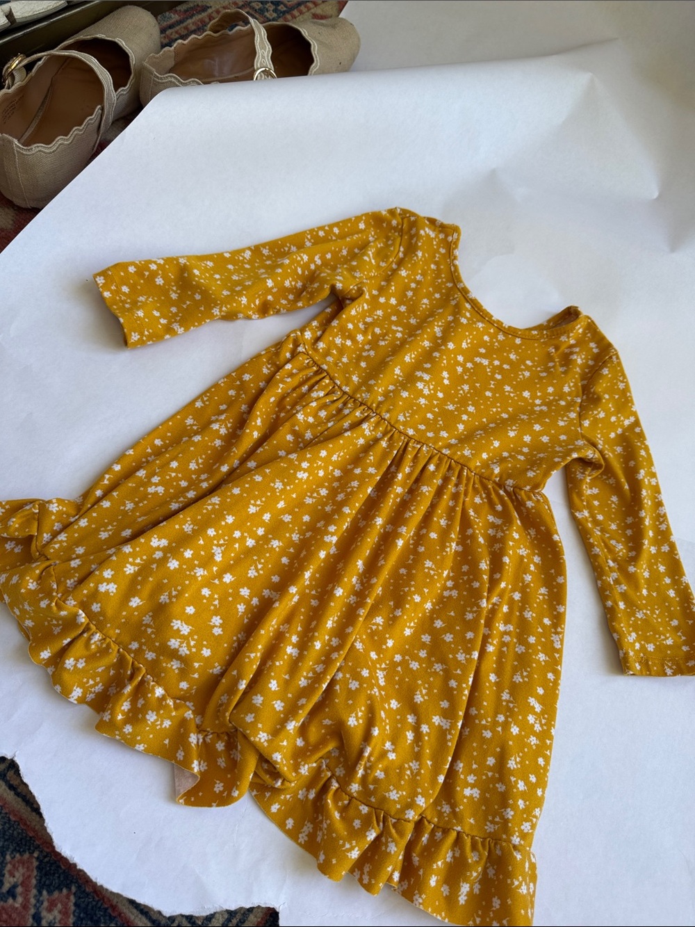 Chenault Mustard Yellow Floral Ruffle-Hem Dress